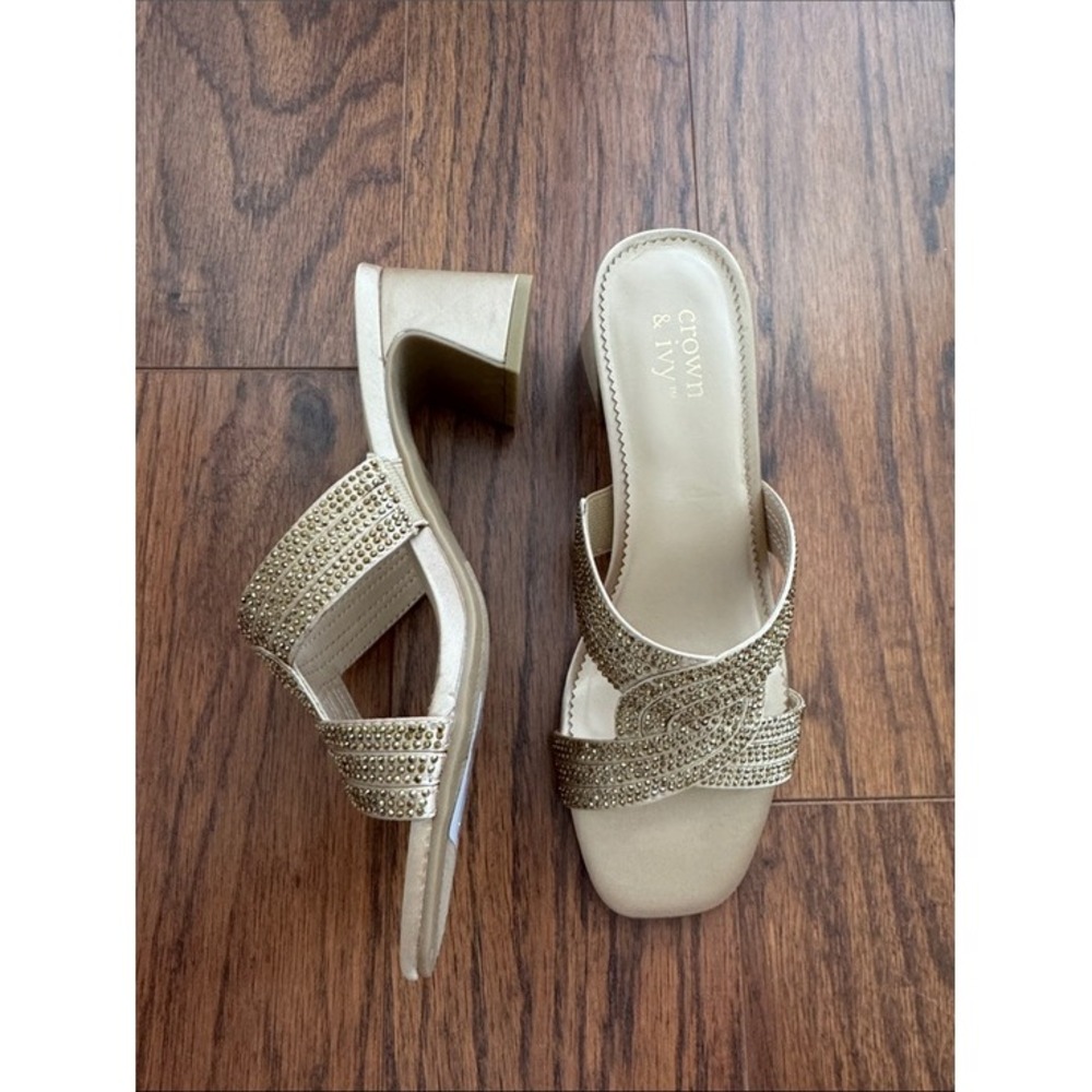 crown & ivy Gold Beaded Block Heel Sandals